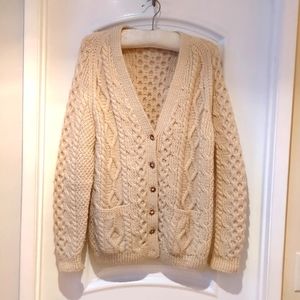 VTG Irish Wool Sweater Cream Cabled Cardigan Wood Buttons LG